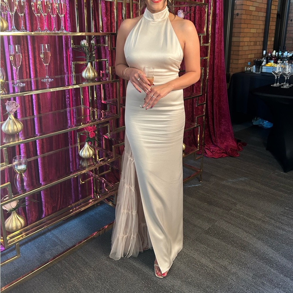 Alice and Olivia champagne satin dress with a ruffle